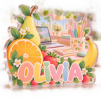 Artwork visualization: Pastel fruit desk — personalized workstation, personalized OLIVIA, subject-shaped acrylic with printed optical 3D depth; not carved relief.