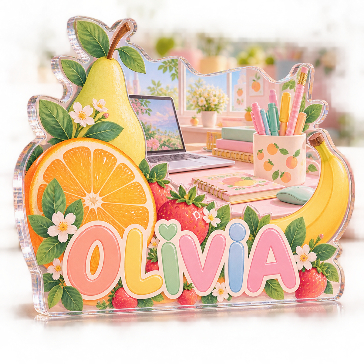 Artwork visualization: Pastel fruit desk — personalized workstation, personalized OLIVIA, subject-shaped acrylic with printed optical 3D depth; not carved relief.
