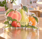 Artwork visualization: Pastel fruit desk — student study space, personalized LILY, subject-shaped acrylic with printed optical 3D depth; not carved relief.