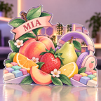 Artwork visualization: Pastel fruit desk — gaming room wall, personalized MIA, subject-shaped acrylic with printed optical 3D depth; not carved relief.