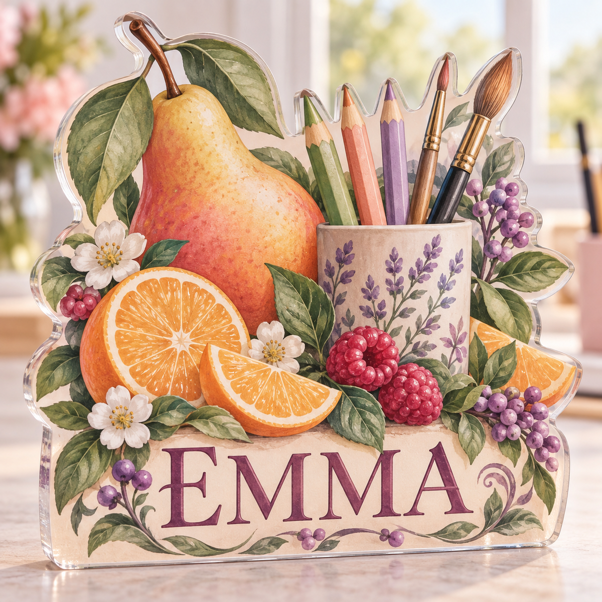 Artwork visualization: Pastel fruit desk — creative studio gift, personalized EMMA, subject-shaped acrylic with printed optical 3D depth; not carved relief.