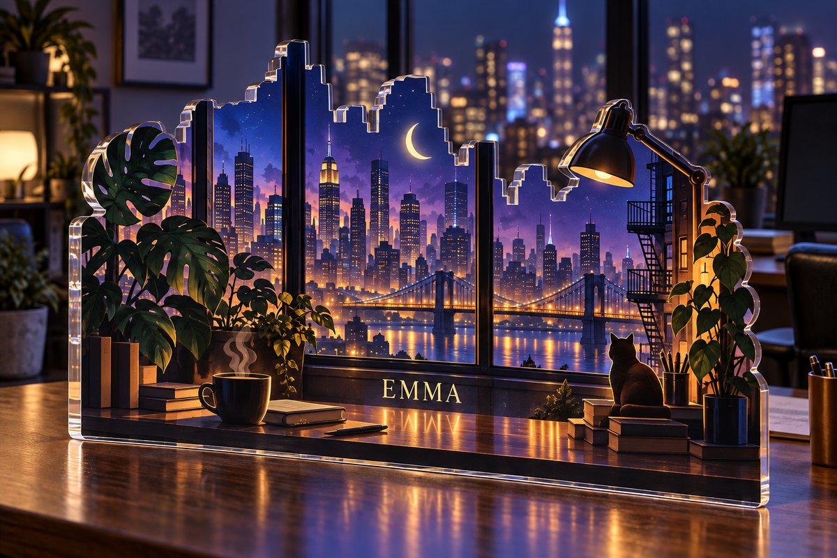 Artwork visualization: Night city window — home office desk refresh, personalized EMMA, subject-shaped acrylic with printed optical 3D depth; not carved relief.