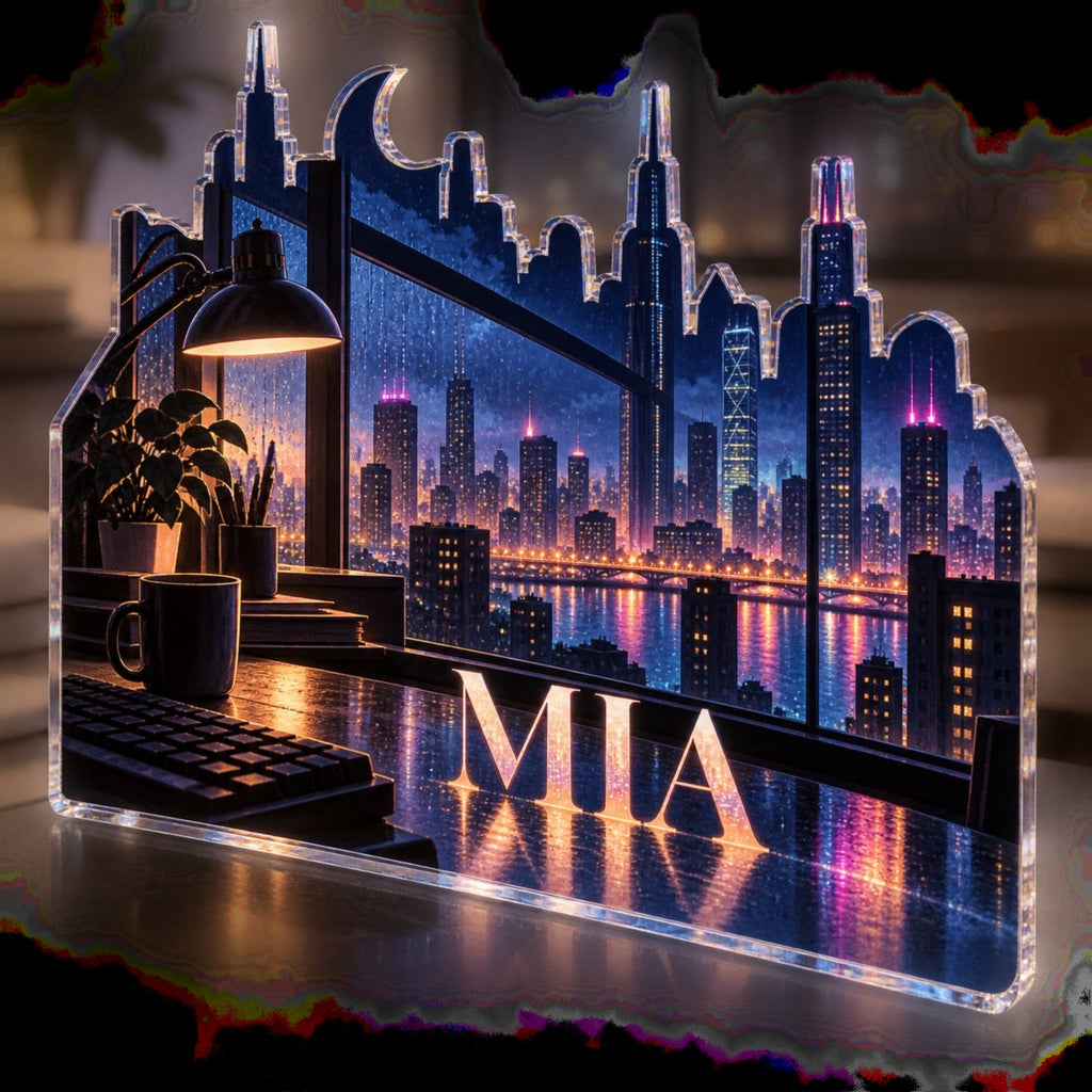 Personalized Night City Window Workstation custom shape acrylic plaque with an example name set into the artwork, digital preview