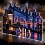 Personalized Night City Window Workstation custom shape acrylic plaque with an example name set into the artwork, digital preview