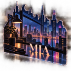 Artwork visualization: Night city window — personalized workstation, personalized MIA, subject-shaped acrylic with printed optical 3D depth; not carved relief.
