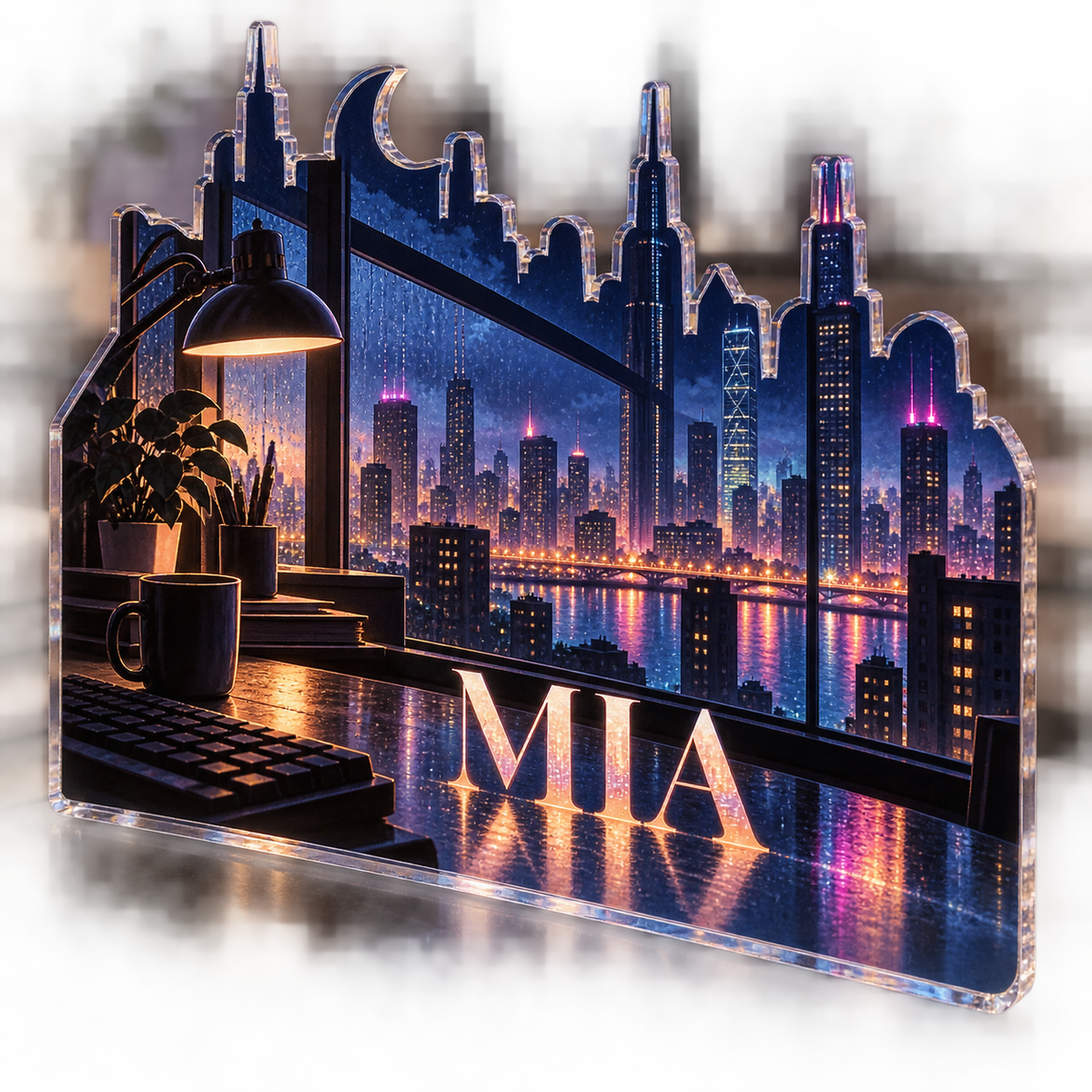 Artwork visualization: Night city window — personalized workstation, personalized MIA, subject-shaped acrylic with printed optical 3D depth; not carved relief.