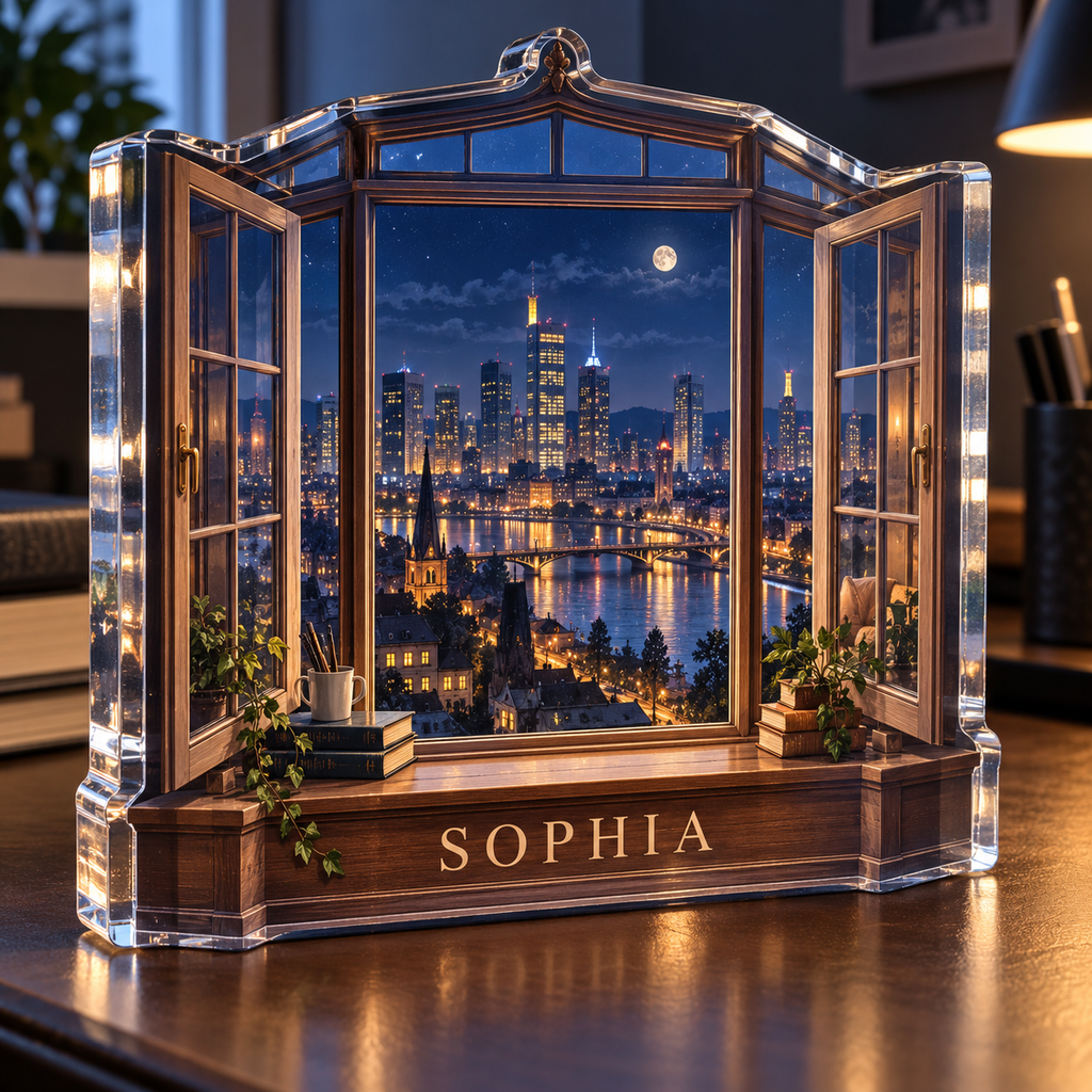 Artwork visualization: Night city window — student study space, personalized SOPHIA, subject-shaped acrylic with printed optical 3D depth; not carved relief.