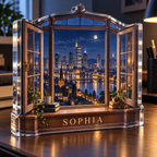 Artwork visualization: Night city window — student study space, personalized SOPHIA, subject-shaped acrylic with printed optical 3D depth; not carved relief.
