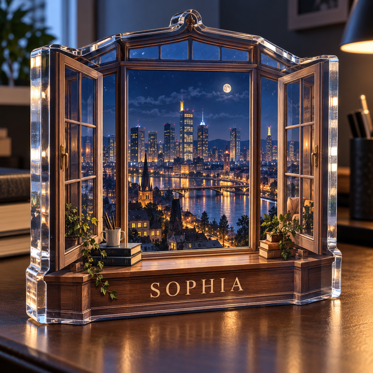 Artwork visualization: Night city window — student study space, personalized SOPHIA, subject-shaped acrylic with printed optical 3D depth; not carved relief.
