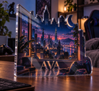 Artwork visualization: Night city window — gaming room wall, personalized AVA, subject-shaped acrylic with printed optical 3D depth; not carved relief.