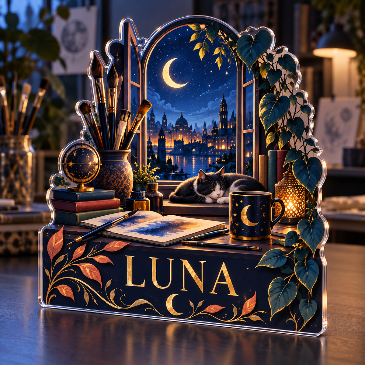 Artwork visualization: Night city window — creative studio gift, personalized LUNA, subject-shaped acrylic with printed optical 3D depth; not carved relief.