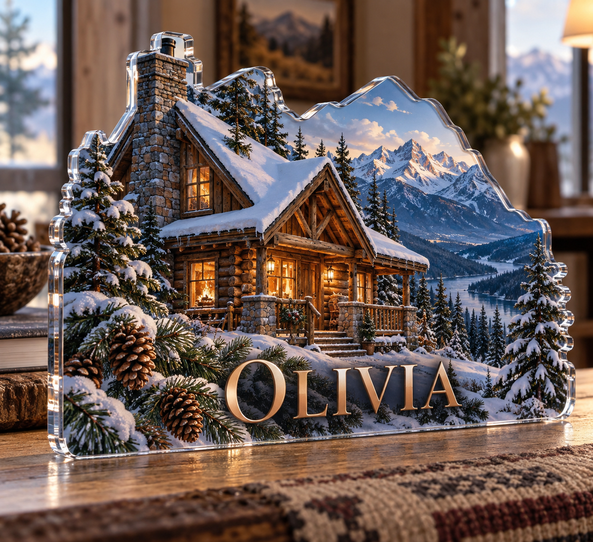 Artwork visualization: Mountain cabin — home landscape memory, personalized OLIVIA, subject-shaped acrylic with printed optical 3D depth; not carved relief.