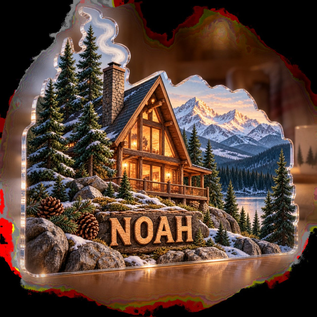Personalized Mountain Cabin Cabin Room Decor custom shape acrylic plaque with an example name set into the artwork, digital preview