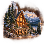 Artwork visualization: Mountain cabin — cabin room decor, personalized NOAH, subject-shaped acrylic with printed optical 3D depth; not carved relief.