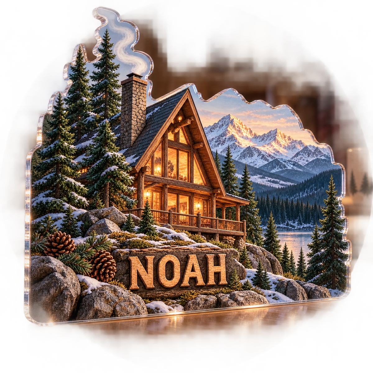 Artwork visualization: Mountain cabin — cabin room decor, personalized NOAH, subject-shaped acrylic with printed optical 3D depth; not carved relief.