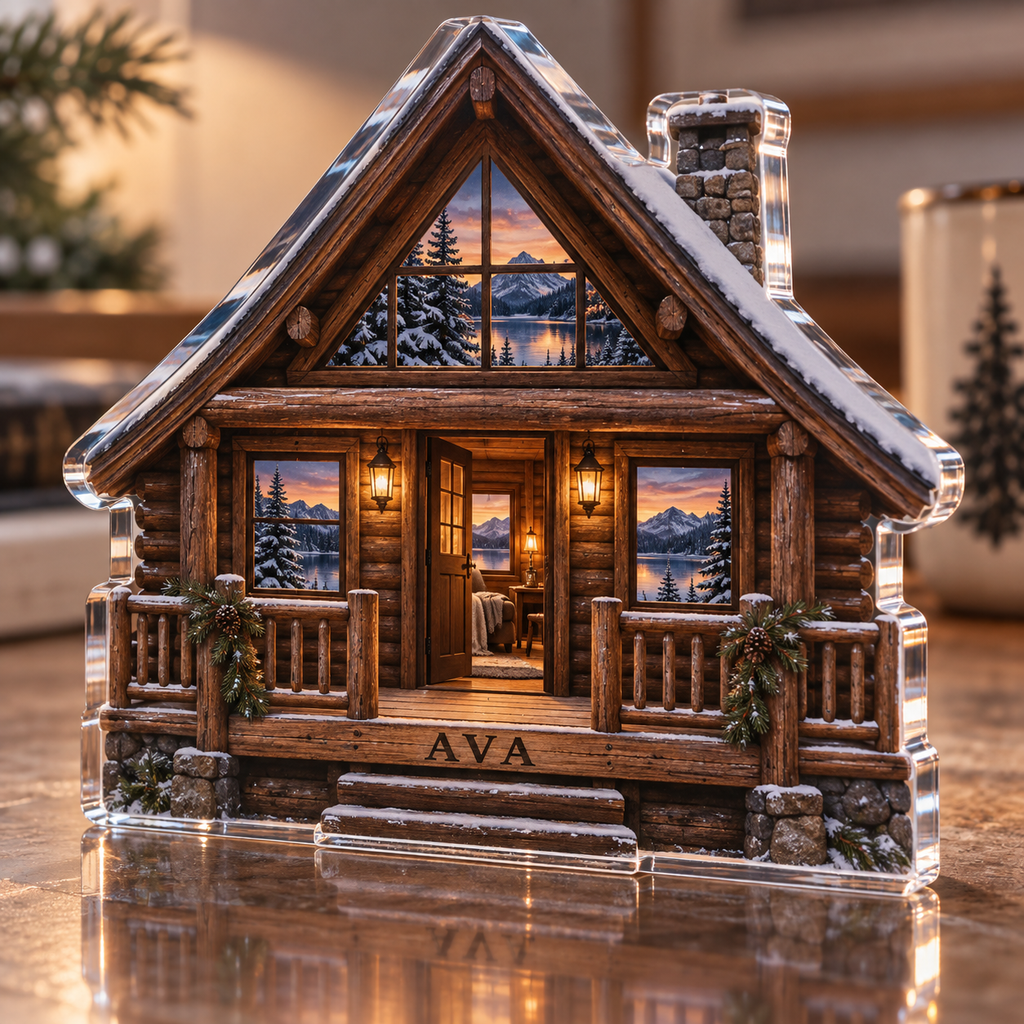 Artwork visualization: Mountain cabin — personalized travel gift, personalized AVA, subject-shaped acrylic with printed optical 3D depth; not carved relief.