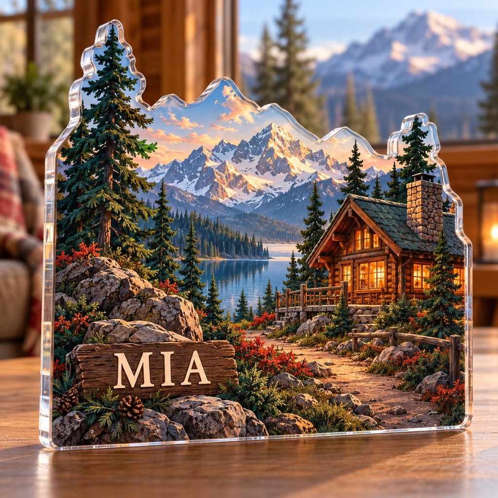 Artwork visualization: Mountain cabin — travel journal cover, personalized MIA, subject-shaped acrylic with printed optical 3D depth; not carved relief.