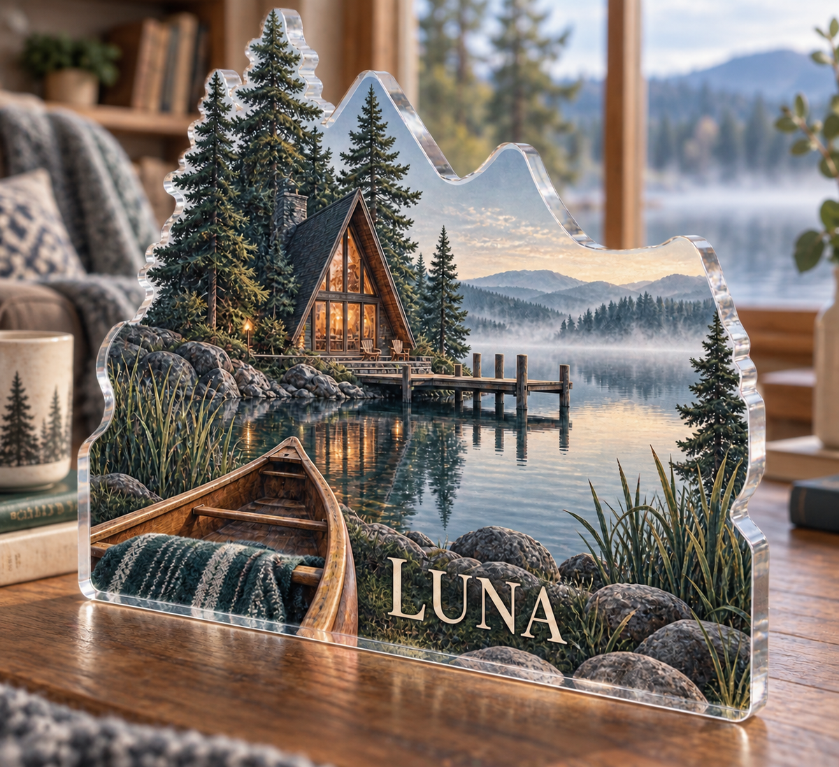 Artwork visualization: Lakeside retreat — home landscape memory, personalized LUNA, subject-shaped acrylic with printed optical 3D depth; not carved relief.