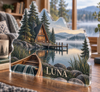 Artwork visualization: Lakeside retreat — home landscape memory, personalized LUNA, subject-shaped acrylic with printed optical 3D depth; not carved relief.