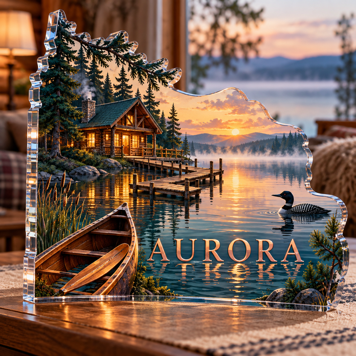 Artwork visualization: Lakeside retreat — cabin room decor, personalized AURORA, subject-shaped acrylic with printed optical 3D depth; not carved relief.