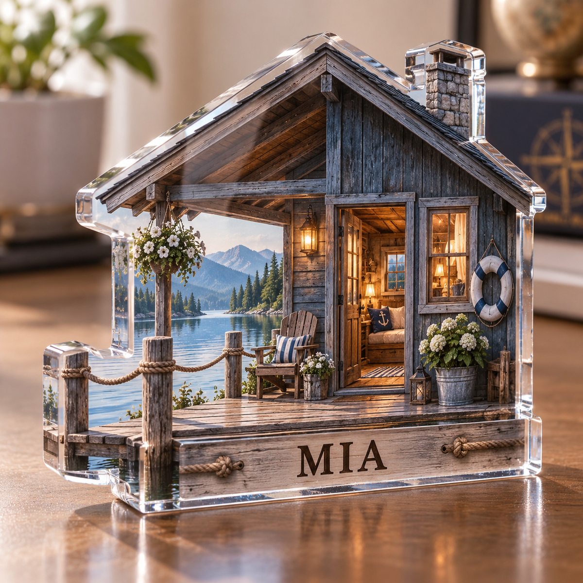 Artwork visualization: Lakeside retreat — personalized travel gift, personalized MIA, subject-shaped acrylic with printed optical 3D depth; not carved relief.