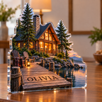 Artwork visualization: Lakeside retreat — new home place identity, personalized OLIVIA, subject-shaped acrylic with printed optical 3D depth; not carved relief.