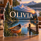 Artwork visualization: Lakeside retreat — travel journal cover, personalized OLIVIA, subject-shaped acrylic with printed optical 3D depth; not carved relief.