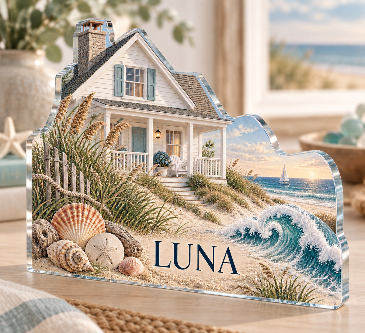 Artwork visualization: Coastal cottage — home landscape memory, personalized LUNA, subject-shaped acrylic with printed optical 3D depth; not carved relief.