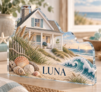Artwork visualization: Coastal cottage — home landscape memory, personalized LUNA, subject-shaped acrylic with printed optical 3D depth; not carved relief.