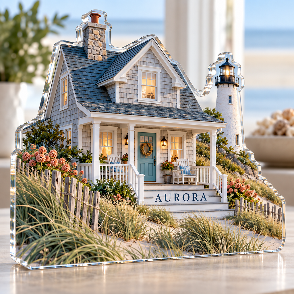 Artwork visualization: Coastal cottage — new home place identity, personalized AURORA, subject-shaped acrylic with printed optical 3D depth; not carved relief.