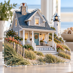 Artwork visualization: Coastal cottage — new home place identity, personalized AURORA, subject-shaped acrylic with printed optical 3D depth; not carved relief.