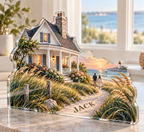 Artwork visualization: Coastal cottage — couple anniversary journey, personalized JACK, subject-shaped acrylic with printed optical 3D depth; not carved relief.
