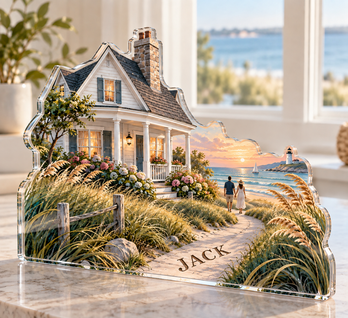 Artwork visualization: Coastal cottage — couple anniversary journey, personalized JACK, subject-shaped acrylic with printed optical 3D depth; not carved relief.