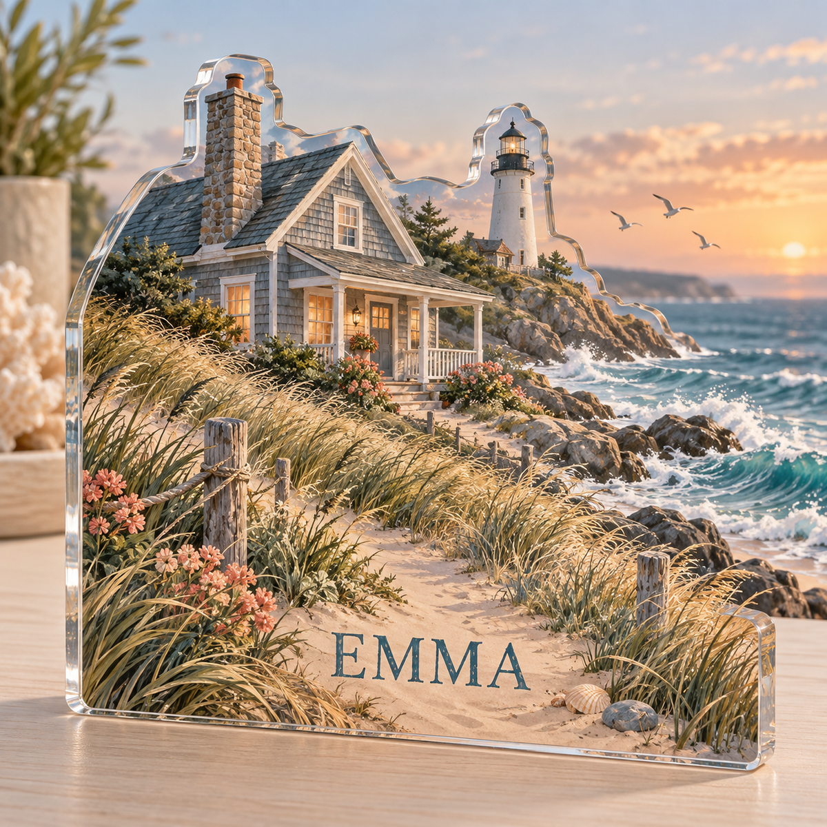 Artwork visualization: Coastal cottage — travel journal cover, personalized EMMA, subject-shaped acrylic with printed optical 3D depth; not carved relief.