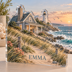 Artwork visualization: Coastal cottage — travel journal cover, personalized EMMA, subject-shaped acrylic with printed optical 3D depth; not carved relief.