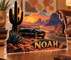 Artwork visualization: Desert road trip — home landscape memory, personalized NOAH, subject-shaped acrylic with printed optical 3D depth; not carved relief.