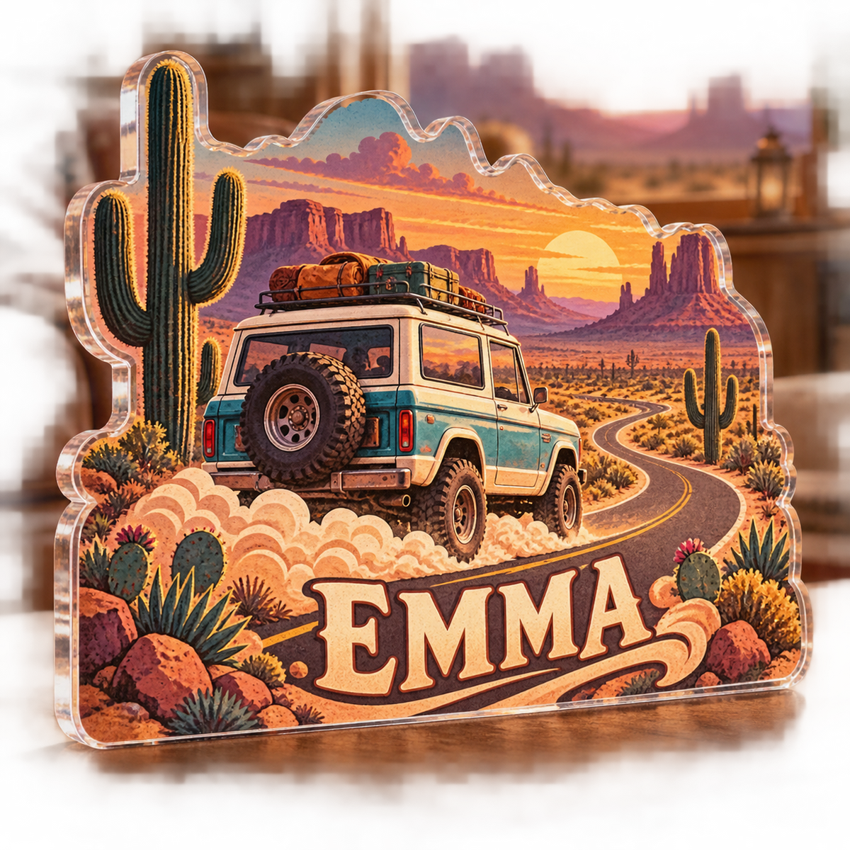 Artwork visualization: Desert road trip — cabin room decor, personalized EMMA, subject-shaped acrylic with printed optical 3D depth; not carved relief.