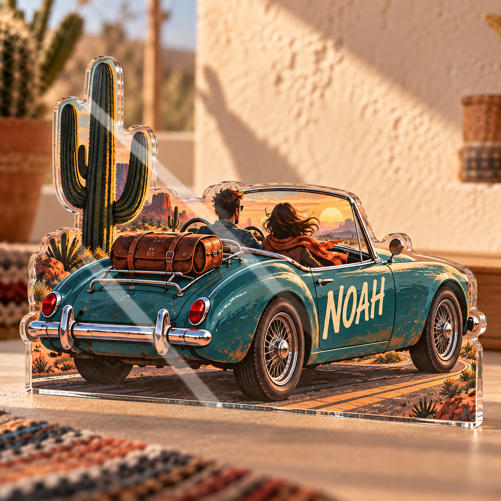 Artwork visualization: Desert road trip — couple anniversary journey, personalized NOAH, subject-shaped acrylic with printed optical 3D depth; not carved relief.