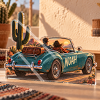 Artwork visualization: Desert road trip — couple anniversary journey, personalized NOAH, subject-shaped acrylic with printed optical 3D depth; not carved relief.