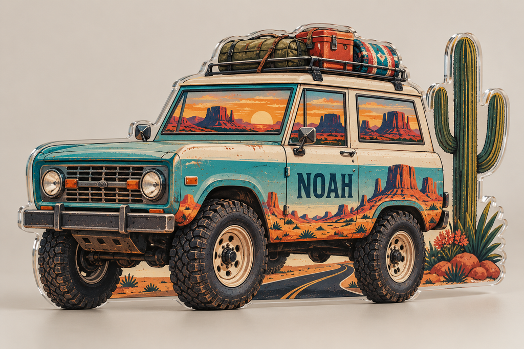 Artwork visualization: Desert road trip — travel journal cover, personalized NOAH, subject-shaped acrylic with printed optical 3D depth; not carved relief.