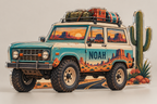 Artwork visualization: Desert road trip — travel journal cover, personalized NOAH, subject-shaped acrylic with printed optical 3D depth; not carved relief.