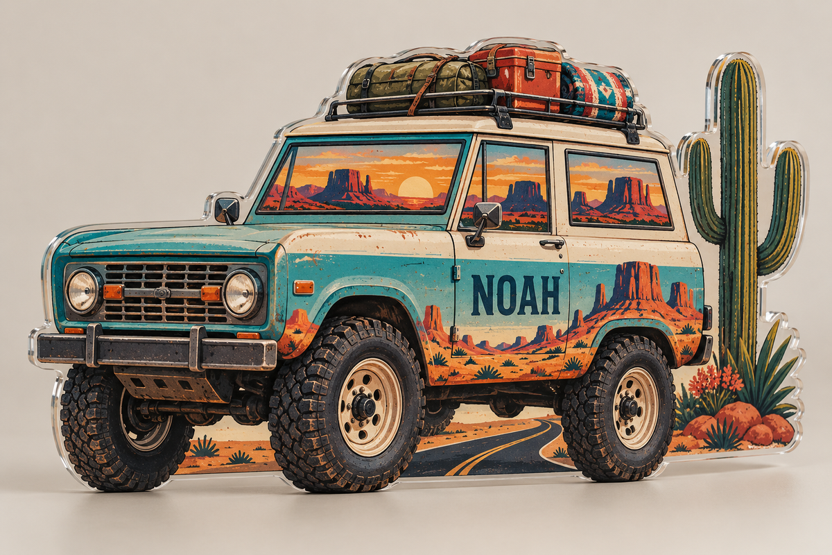Artwork visualization: Desert road trip — travel journal cover, personalized NOAH, subject-shaped acrylic with printed optical 3D depth; not carved relief.