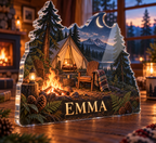 Artwork visualization: Forest campground — home landscape memory, personalized EMMA, subject-shaped acrylic with printed optical 3D depth; not carved relief.