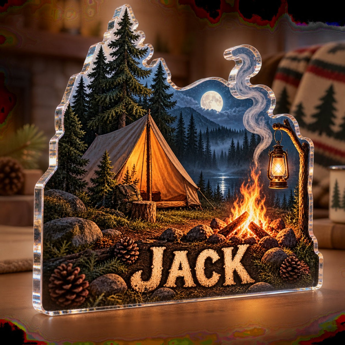 Personalized Forest Campground Cabin Room Decor custom shape acrylic plaque with an example name set into the artwork, digital preview