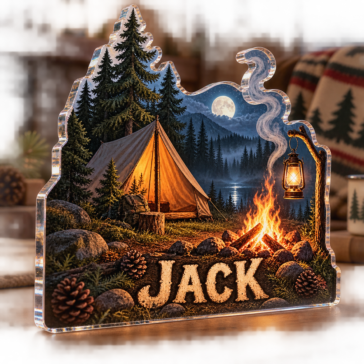 Artwork visualization: Forest campground — cabin room decor, personalized JACK, subject-shaped acrylic with printed optical 3D depth; not carved relief.