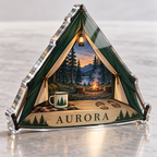Artwork visualization: Forest campground — personalized travel gift, personalized AURORA, subject-shaped acrylic with printed optical 3D depth; not carved relief.
