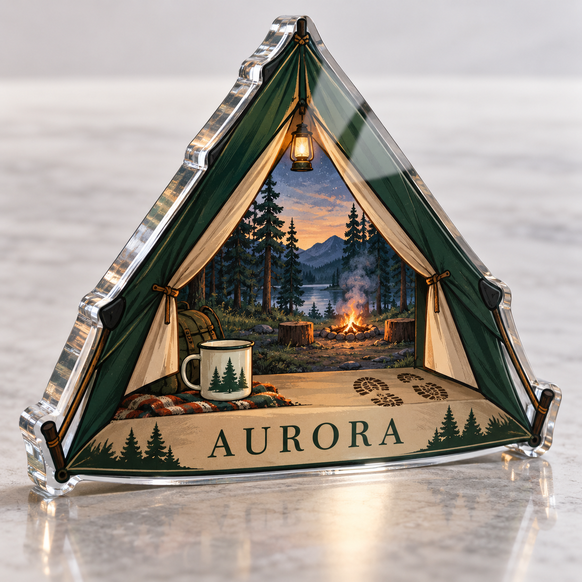 Artwork visualization: Forest campground — personalized travel gift, personalized AURORA, subject-shaped acrylic with printed optical 3D depth; not carved relief.