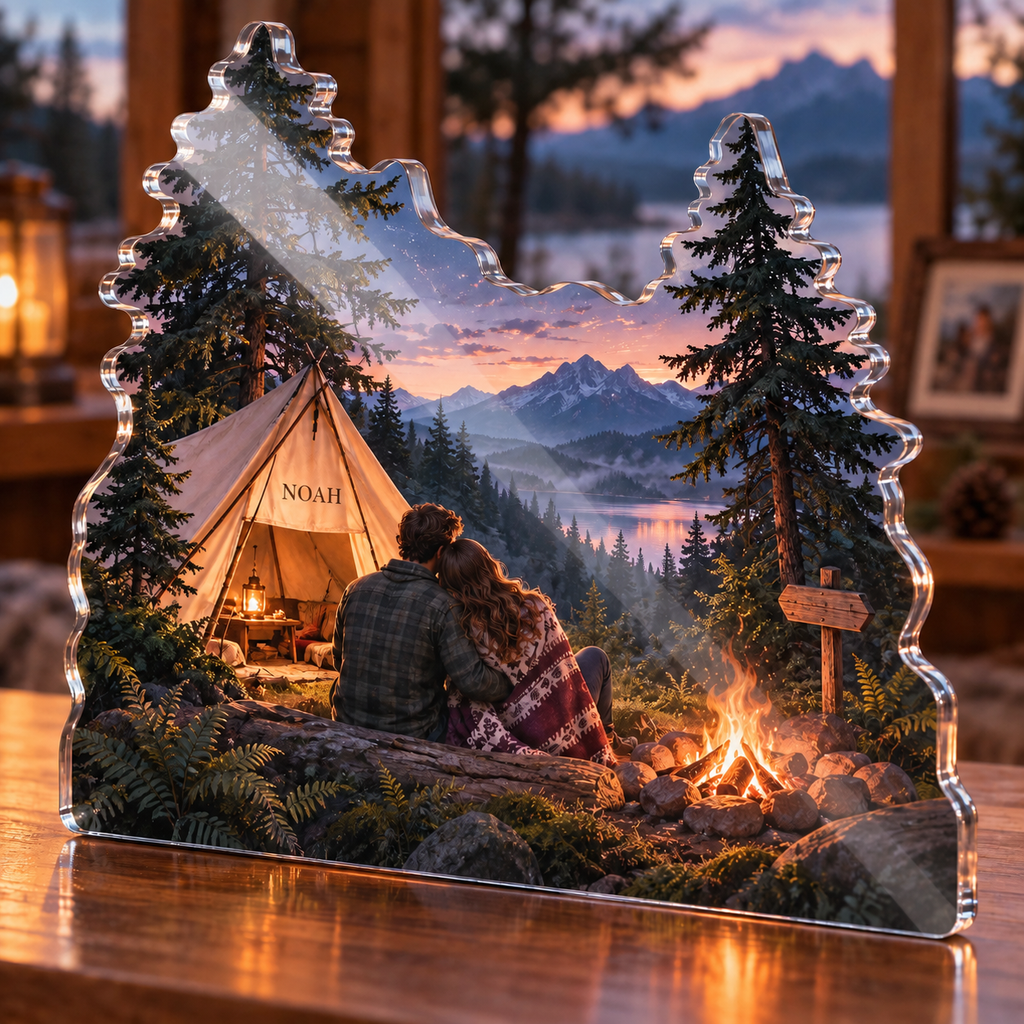 Artwork visualization: Forest campground — couple anniversary journey, personalized NOAH, subject-shaped acrylic with printed optical 3D depth; not carved relief.