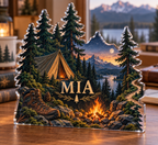 Artwork visualization: Forest campground — travel journal cover, personalized MIA, subject-shaped acrylic with printed optical 3D depth; not carved relief.