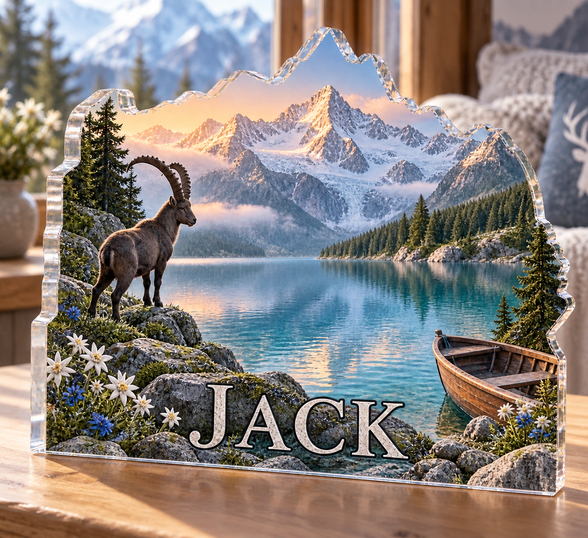 Artwork visualization: Alpine lake — home landscape memory, personalized JACK, subject-shaped acrylic with printed optical 3D depth; not carved relief.